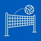 White line icon of a volleyball net with a volleyball arcing over it on a solid blue background. 