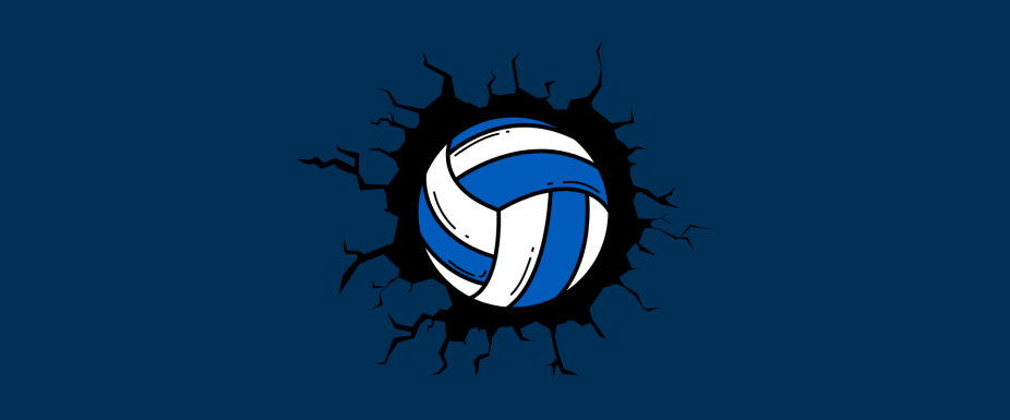 Illustration of a blue and white volleyball bursting through a cracked dark blue wall, with jagged black cracks radiating outward from the point of impact. 