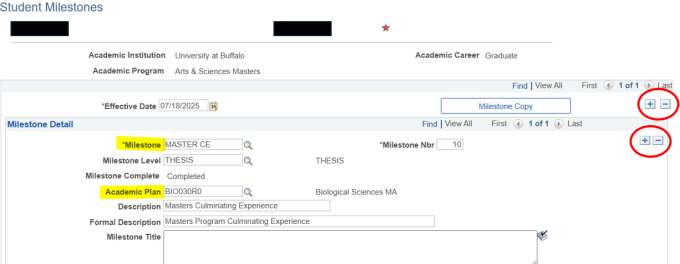 Zoom image: Milestones screen with circle around two sets of plus and minus buttons.