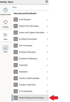Records and Enrollment menu with arrow pointing to Student Background Information. 