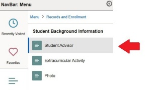 Student Background Information menu with arrow pointing to Student Advisor. 