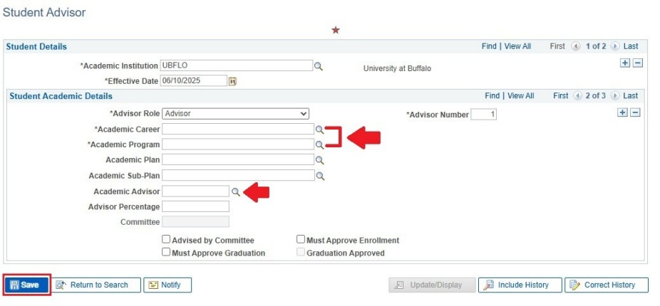 Student Advisor fields with arrows pointing to magnifying glasses next to Academic Career, Academic Program and Academic Advisor. 