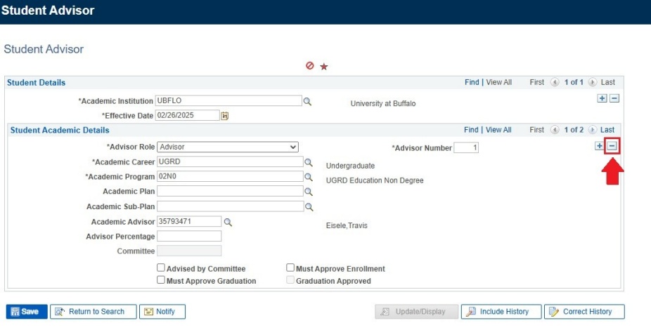 Student advisor fields with arrow pointing to minus button. 