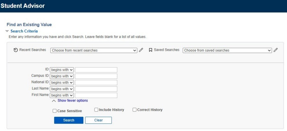 Student Advisor fields with buttons for Search and Clear. 