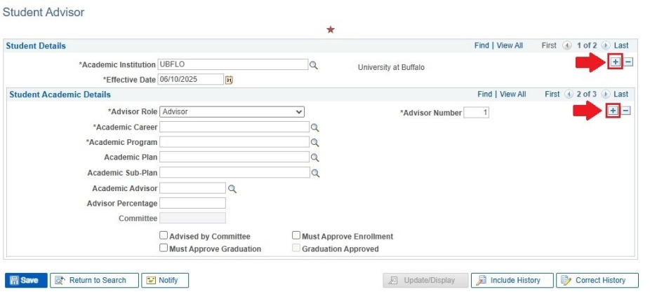 Student Advisor fields with arrows pointing to plus buttons in sections for Student Details and Student Academic Details. 