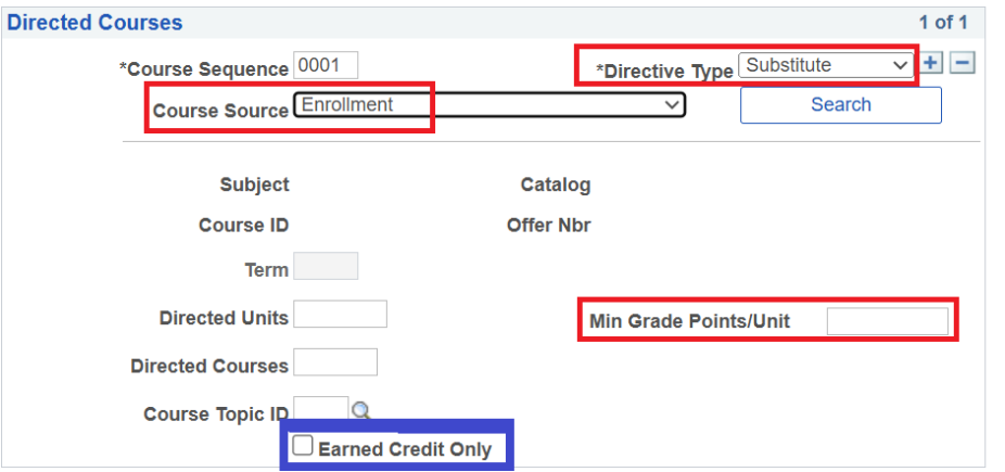Directed Courses info with boxes around Directive Type, Course Source, Min Grade Points/Unit and Earned Credit Only. 