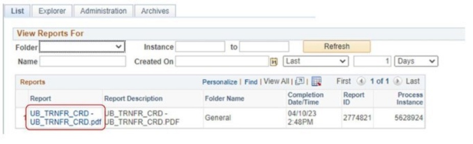 View reports information with box around report column. 