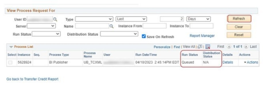 Process information with box around Run Status and Distribution Status. 