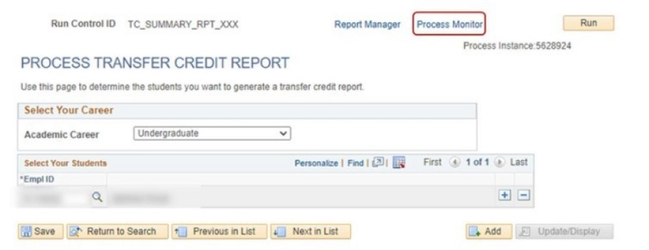 Process Transfer Credit Report with box around Process Monitor. 