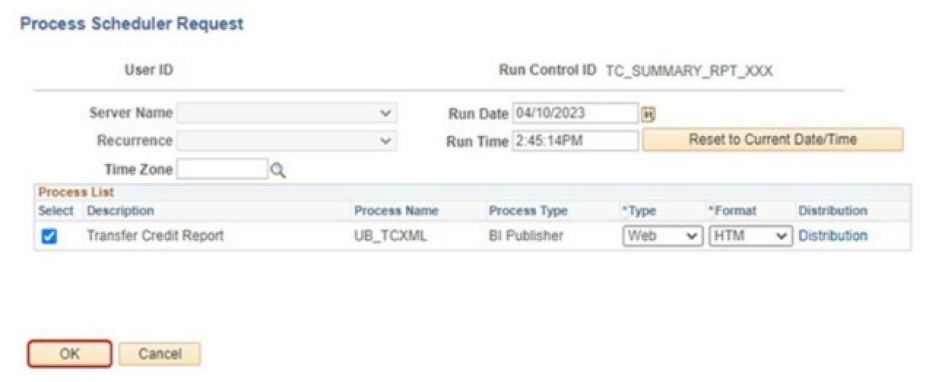 Process Scheduler Request with box around OK button. 