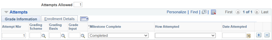 Attempts information with fields for grading information, milestone and more. 