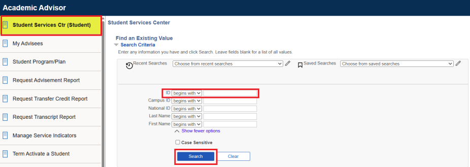Student Services Center highlighted in menu; box around ID field and search button. 