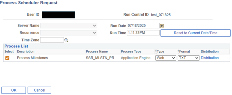 Process Scheduler Request information with Process List and checkbox next to Process Milestones. 