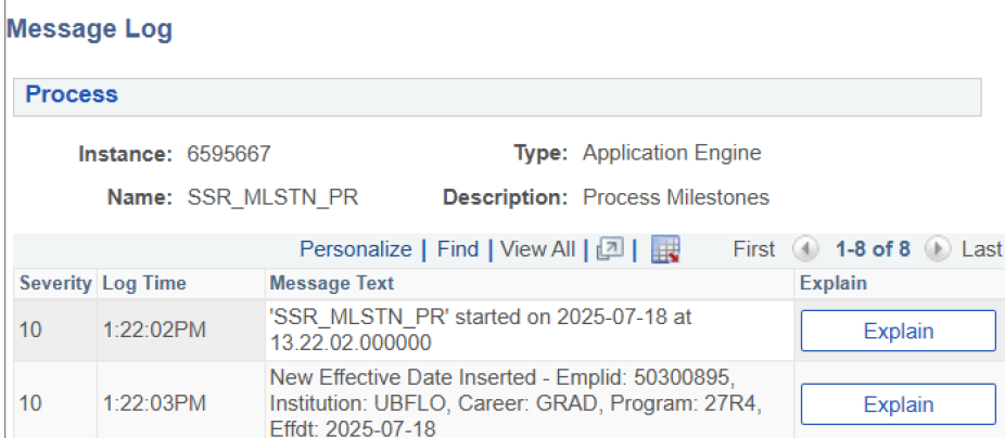Message Log with rows for messages and their severity, log time, message text, and Explain button. 