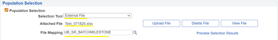 Population Selection with highlighted selection tool drop-down, attached file name and file mapping field. 