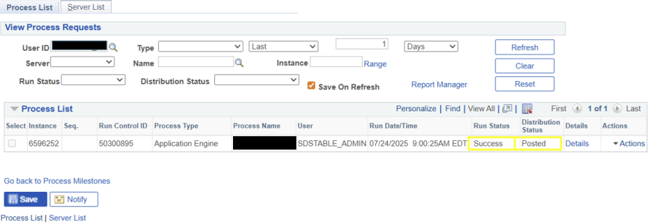 Process list information with Run Status Success and Distribution Status Posted highlighted. 