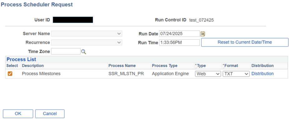 Process Scheduler Request information with Process List and checkbox next to Process Milestones. 
