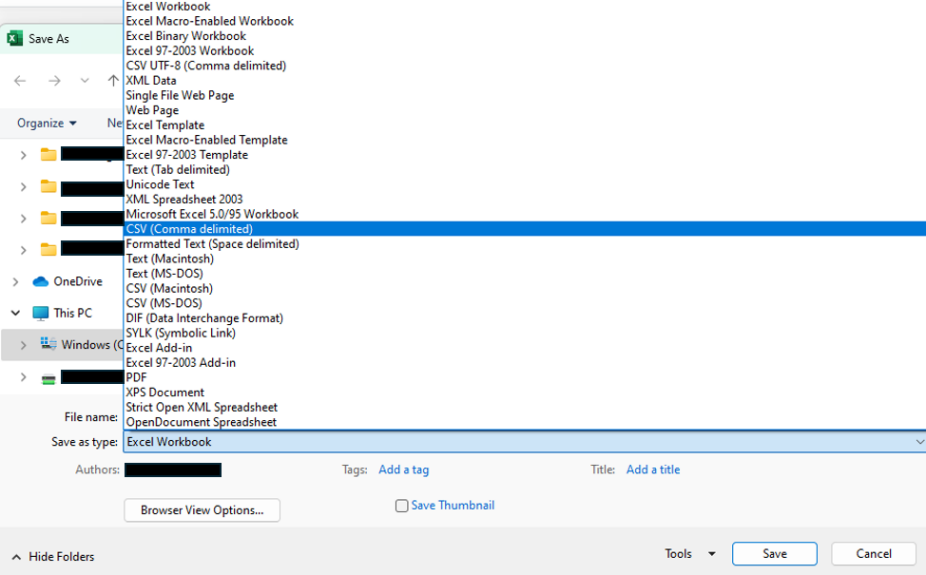 Long list of file format options with CSV Comma delimited highlighted. 