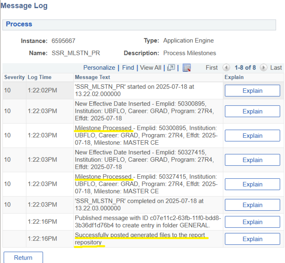 Message Log with Milestone Processed text highlighted, Successfully posted... text also highlighted. 