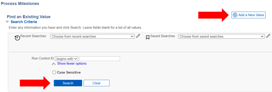 Arrows pointing to Add a New Value button and Search button. 