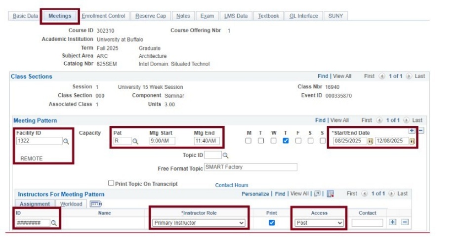 Meetings screen with box around multiple fields in meeting pattern and instructors for meeting pattern areas. 