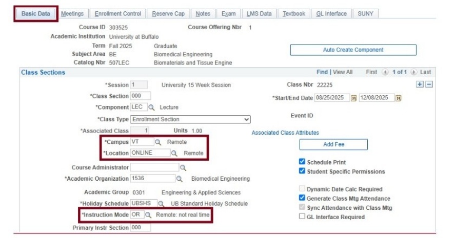 Basic data screen with boxes around campus, location and instruction mode fields; location is online and instruction mode is OR remote not real time. 
