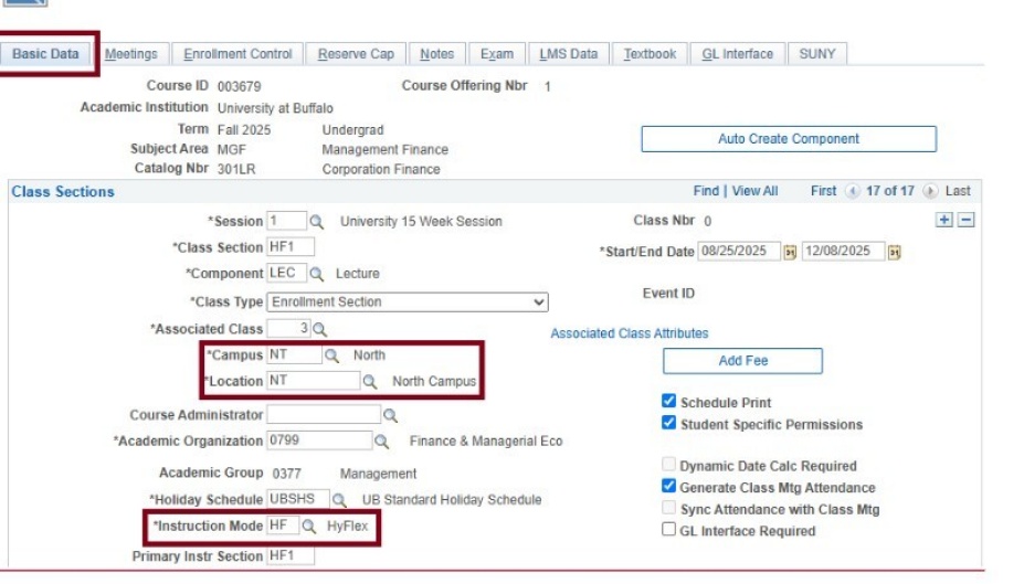 Basic data screen with boxes around campus, location and instruction mode fields; instruction mode is HF Hyflex. 