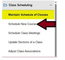 Class scheduling menu, arrow pointing to Schedule New Course. 
