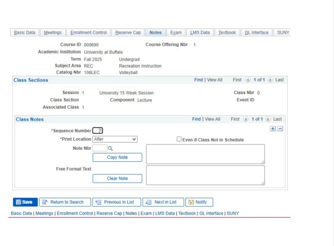 Notes tab with information about class sections and notes. 