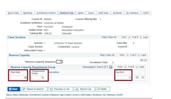 Data screen with boxes around start date, requirement group and cap enrl. 