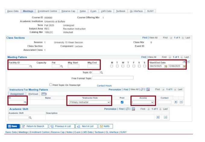 Meetings tab with boxes around fields in meeting pattern and instructors for meeting pattern sections. 