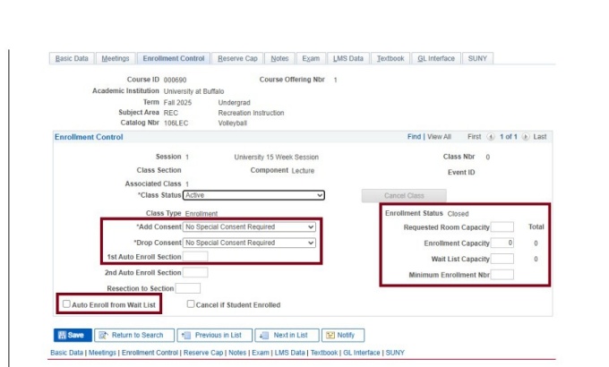 Data screen with boxes around consent drop-down menus, enrollment status info, and wait list checkbox. 