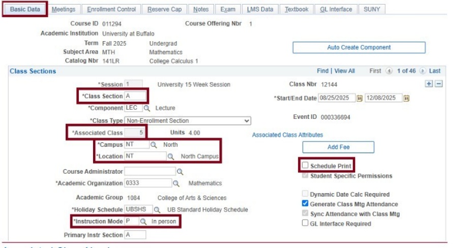 Basic data tab with boxes around a number of fields including class section and associated class. 