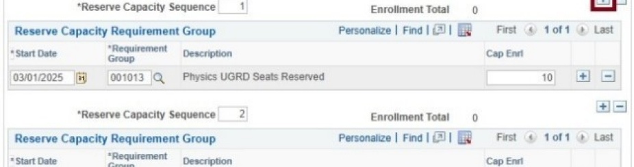 Reserve capacity screen with box around plus sign button. 