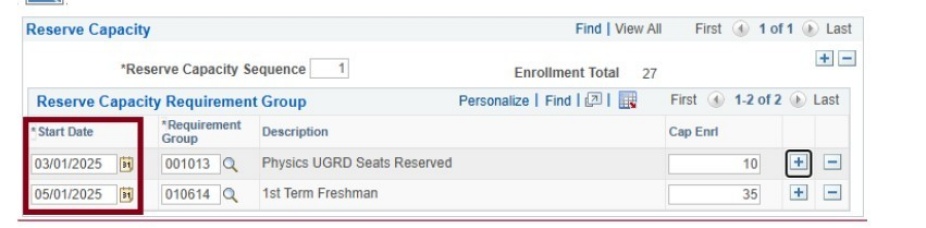 Reserve capacity fields with box around start date column. 