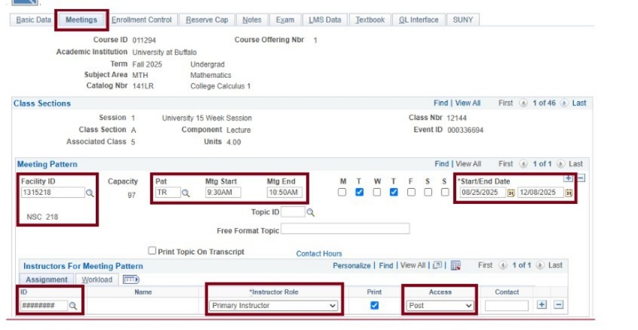 Meetings tab with boxes around a number of fields including Facility ID and start / end date. 