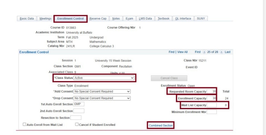 Enrollment control tab with boxes around a number of fields including class status and requested room capacity. 