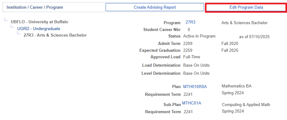 Student info with box around Edit Program Data tab. 
