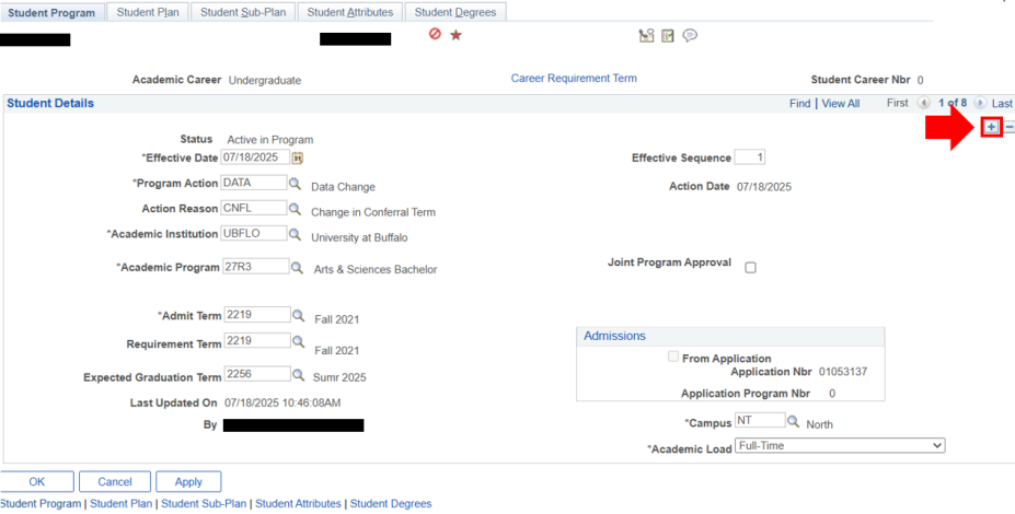 Student Details info with arrow pointing to button with plus sign. 