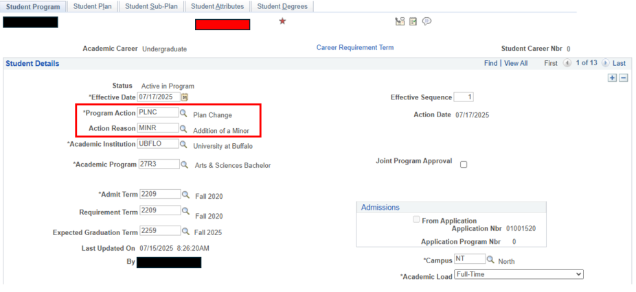 Student Details with box around Program Action and Action Reason fields. 