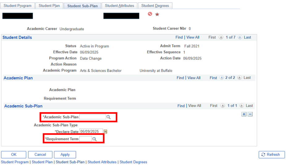 Boxes around Academic Sub-Plan field and Requirement Term field. 