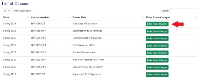 Zoom image: list of classes with multiple rows; arrow pointing to Make Grade Changes button.