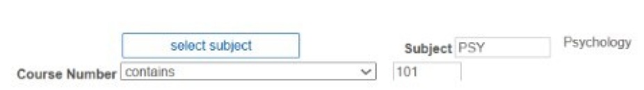 Select subject screen with fields for subject and course number. 