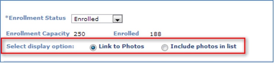 Highlight box around "Select display option: link to photos, include photos in list. 