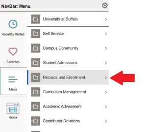 Zoom image: NavBar: Menu screen with arrow pointing to "Records and Enrollment"