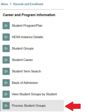 Zoom image: Career and Program information list with arrow pointing to "Process Student Groups"