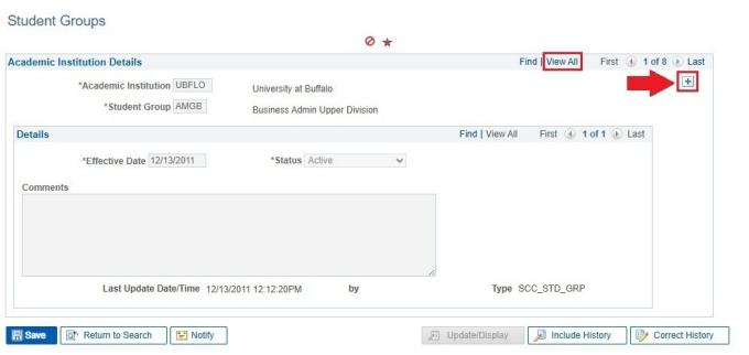 Zoom image: Student Groups screen with a box around "View All" and an arrow pointing to a button with a "plus" sign