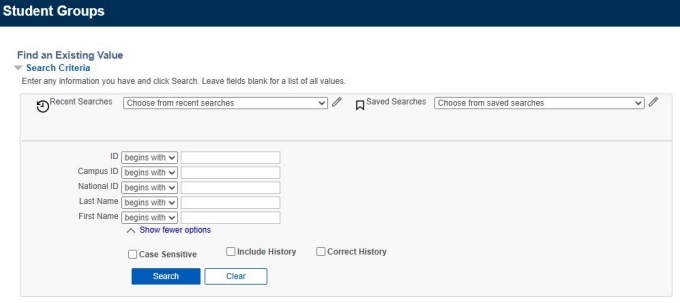 Zoom image: Find an Existing value screen showing search criteria