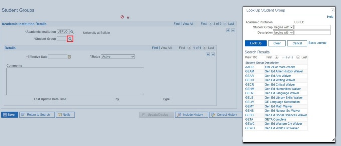 Zoom image: Student Groups screen with a box around a magnifying glass icon, and a pop-up screen for "Look Up Student Group"