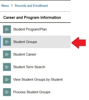 Zoom image: Career and Program Information list with arrow pointing to "Student Groups"